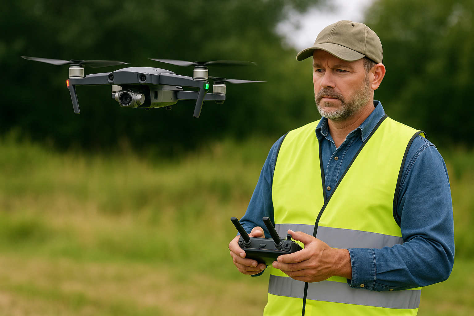 Professional drone pilot preparing commercial drone for inspection flight